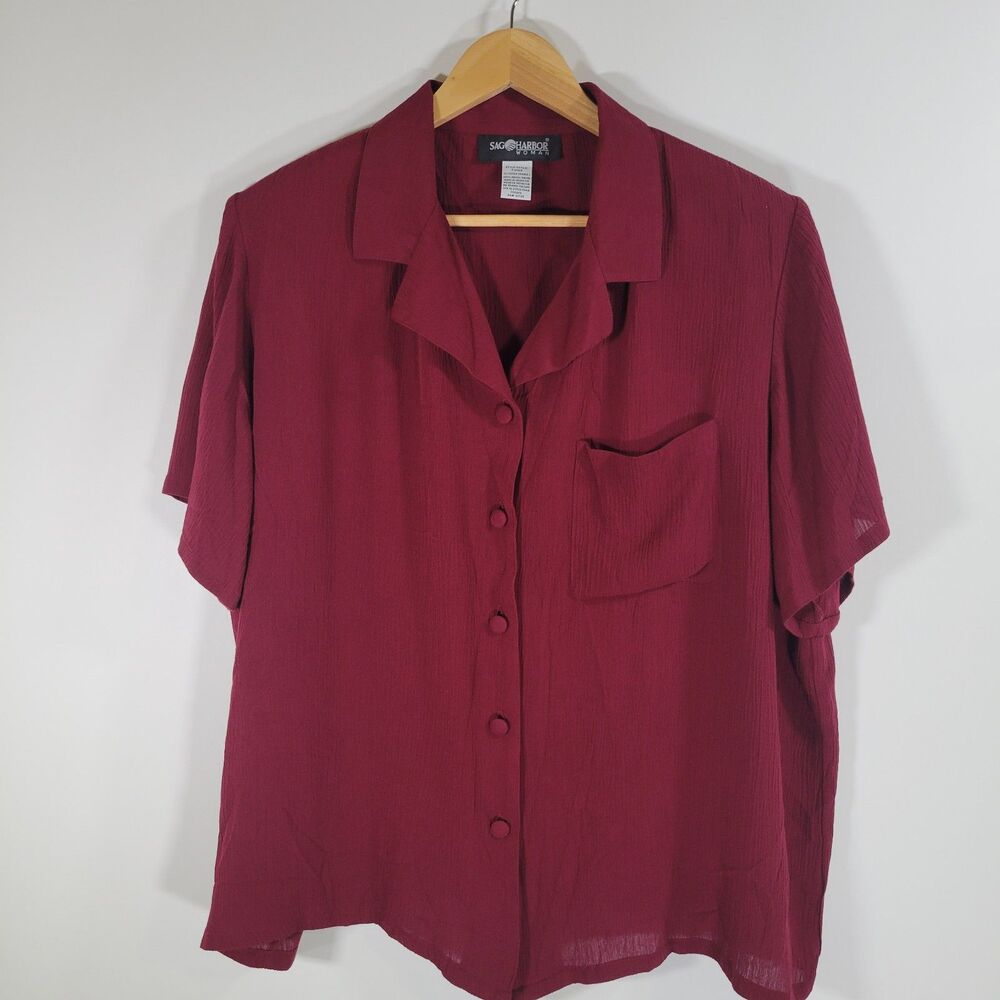 SAG HARBOR Maroon Button Down Shirt Size 1X Crepe Rayon Short Sleeve 90s